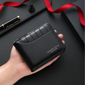 Men short leather wallet with zipper coin pocket and card slots black cardholder main