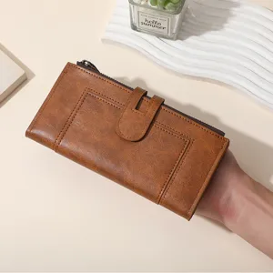 Women long PU leather wallet vintage brown fashion clutch coin purse with card slots