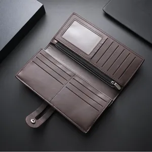 Men's brown long wallet with multiple card slots, ID window and zipper pocket, elegant design.