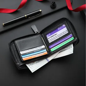 Men's Short Zipper Wallet Black Leather Card Holder Multi-Slot Coin Purse With ID Window