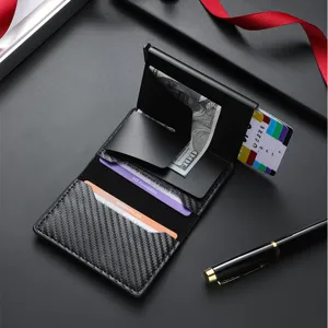 Men slim carbon fiber RFID blocking automatic pop-up metal card holder wallet main view.