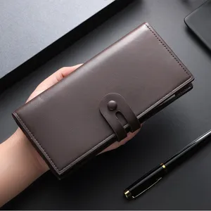 Men's long wallet brown PU leather large capacity card holder stylish clasp purse design