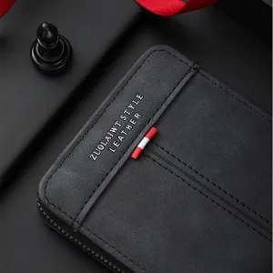 Men's black leather short wallet with zipper closure and compact design for daily business use.