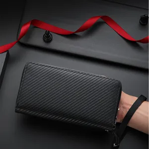 Men's carbon fiber long wallet with zipper and hand strap, stylish business clutch.