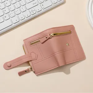 Pink short wallet for women cute two fold multi card slot pu leather purse with zipper coin pocket