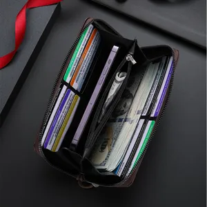 Men's long leather wallet with multi-card slots, zipper closure, and large capacity phone clutch.