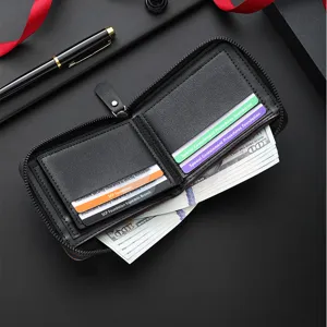 Men's retro zipper short wallet with card slots and coin pocket, classic black leather design.
