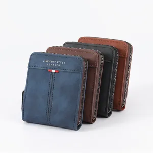 Men's short zipper wallet set, multi-color leather compact purse with card slots.