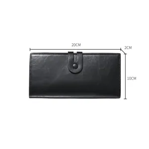 Men's long black leather wallet with snap button closure, large capacity design.