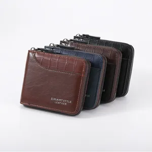 Men's short zipper wallet with spliced stone pattern design, multi-card slot coin purse.