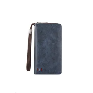 Men's long wallet PU leather clutch bag with wrist strap, large capacity and card slots.