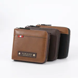 Men's vintage short wallet with zip-around closure, stylish color-block PU leather design.