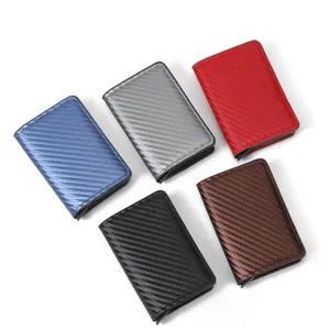 Men's minimalist carbon fiber RFID blocking pop up metal card holder slim wallet for men
