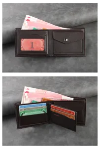 Men's brown leather bifold wallet with multiple card slots, ID window, and coin pocket.