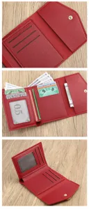 Red PU leather trifold wallet detail view, multiple card slots and clear ID window design.