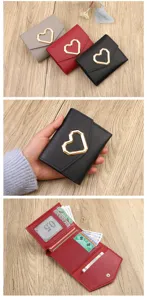 Women short trifold wallet with metal heart buckle, compact PU leather coin purse card holder.