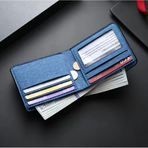 Men's blue denim short canvas wallet multi card slot folding purse with ID window and cash pocket