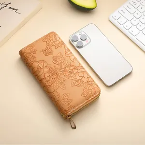 Women embossed PU leather long wallet zipper card holder elegant casual clutch purse
