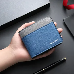 Mens short canvas wallet with color blocking design, fashionable folding card holder and coin purse.