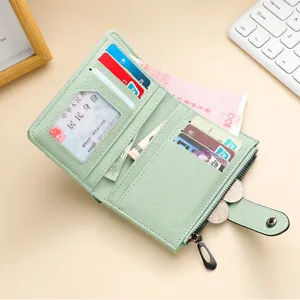 Women short wallet trifold retro matte PU leather coin purse card holder with zipper pocket