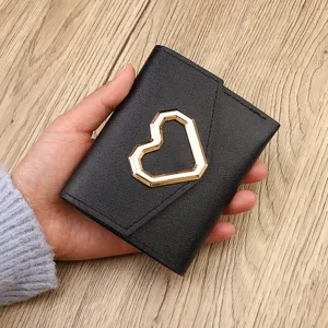 Black women short wallet tri-fold PU leather purse with geometric heart gold buckle main
