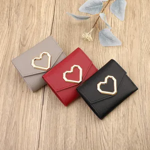 Women short wallet with heart clasp, trifold PU leather coin purse with multiple card slots.
