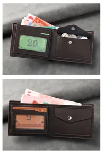 Brown men's short bifold leather wallet with card slots, coin pocket and clear ID window.