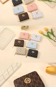 Detail view of minimalist women short wallet, stylish letter print, multiple card slots.