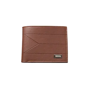 Brown men's leather bifold wallet with minimalist stitching and metal logo accent main view.
