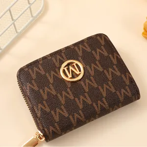 Women's short brown monogram wallet with gold logo zipper coin purse fashion compact style