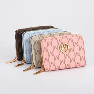 Women short wallet coin purse PU leather fashion M monogram design multi card slots zipper.