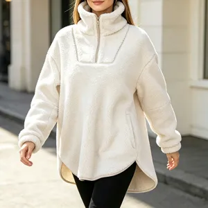 Women Half-Zip Sherpa Fleece Pullover High Collar Fluffy Sweatshirt Casual Warm Outerwear