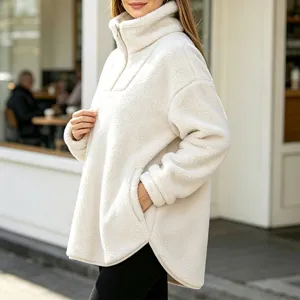 Women Autumn Winter Polar Fleece Half Zip Pullover Hoodie Warm Casual Sport Jacket With Side Pockets Solid Color High Neck Polyester Sweatshirt Top