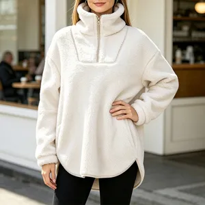 Women half-zip high neck fleece pullover sweatshirt casual winter warm cozy outerwear top