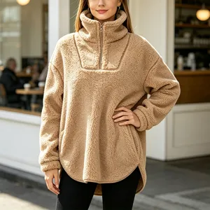 Women fleece pullover half zip high collar winter warm sherpa sweatshirt casual top.