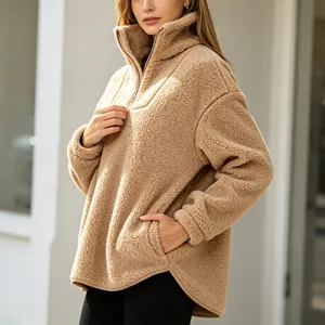 Khaki sherpa pullover detail view, half-zip high collar design with cozy fleece texture.