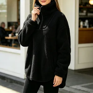 Women's black half-zip fleece pullover sweatshirt, cozy high neck winter warm casual outerwear.