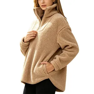 Women fleece quarter zip pullover sweatshirt high collar casual warm winter topwear