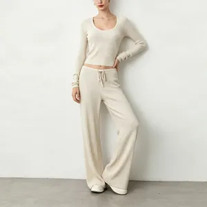 Women Ribbed Yoga Set Slim Fit U-Neck Long Sleeve Top Draped Loose Wide Leg Pants Soft Activewear Sportswear