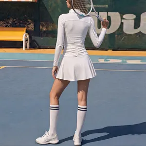 Robe de tennis blanche a manches longues tenue de sport fitness vetement pour femme