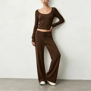 Brown ribbed knit long sleeve crop top and wide leg pants set detail view for women