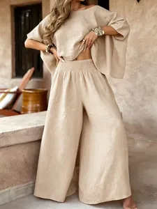 Casual solid color loose round neck off shoulder summer women two piece set with wide pants