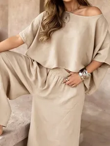 Casual loose solid color off-shoulder top and pants summer women two piece set clothing
