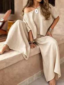 Casual solid color off shoulder top wide leg pants set detail view, comfortable summer style.