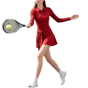Robe de tennis à manches longues pour femme vêtement de sport robe athlétique avec ceinture
