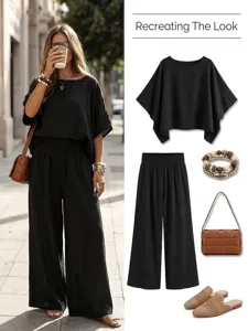 Casual solid color loose crewneck short sleeve top and wide leg pants summer women's set.
