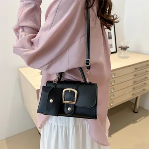 Stylish black retro small square crossbody bag with top handle and gold metal buckle.