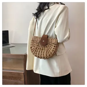 Woven straw crossbody bag for women summer vacation beach saddle bag versatile chic purse