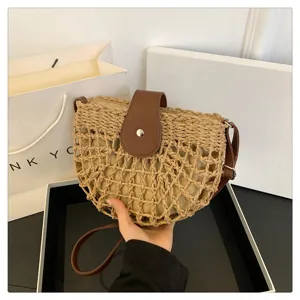Woven straw saddle bag for women summer beach crossbody bag with brown leather flap closure