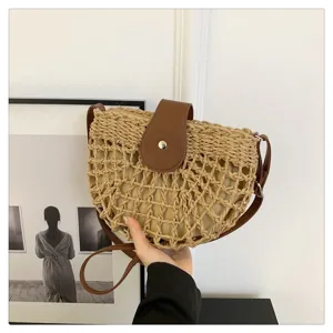 Woven straw saddle bag for women summer beach vacation casual cross-body purse with leather flap